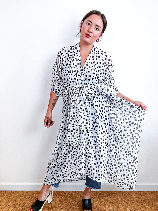 Print High Low Kimono White Black Leopard Dot Chiffon