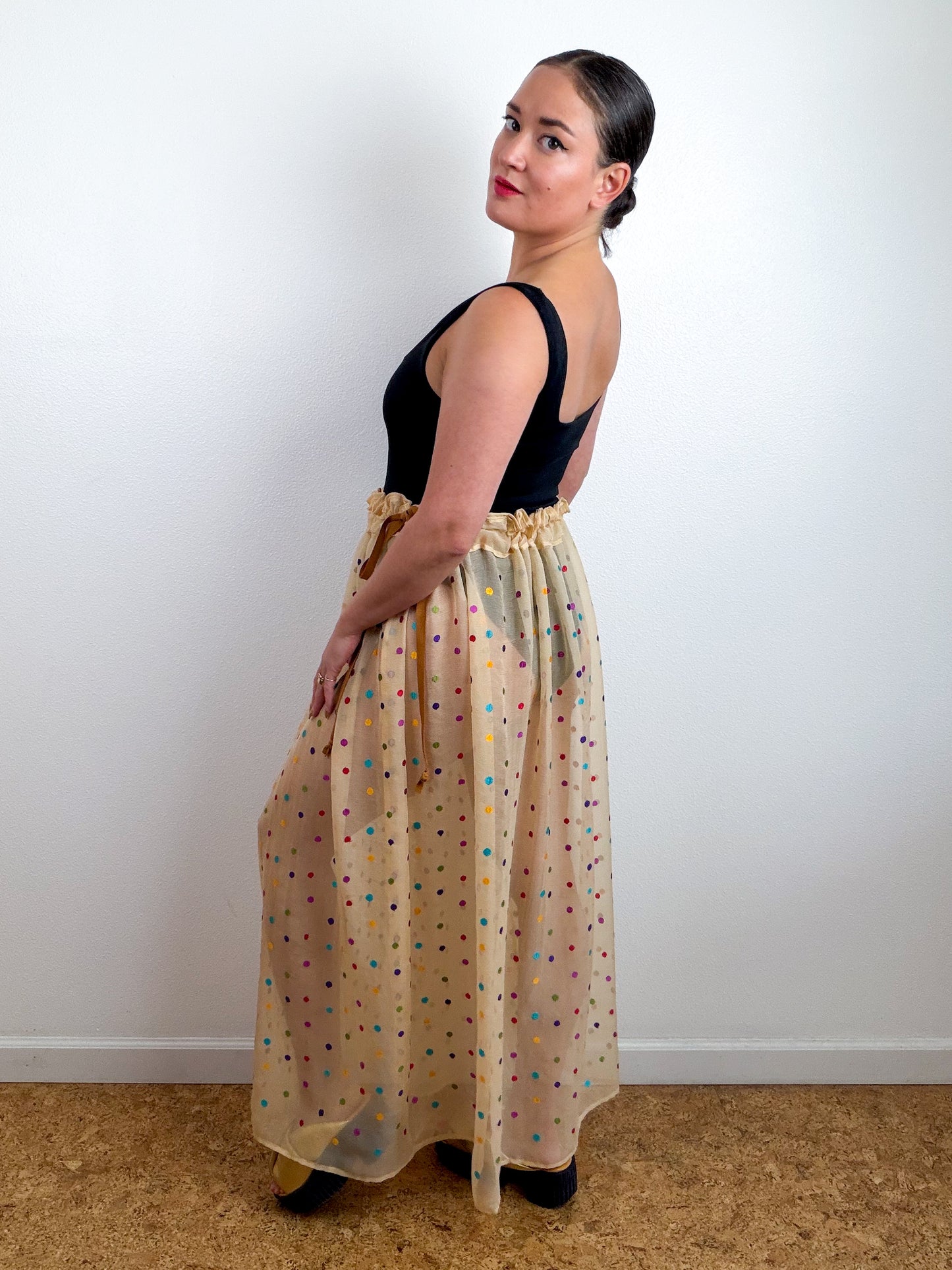 THE SKIRT Ivory Rainbow Dots Silk Chiffon