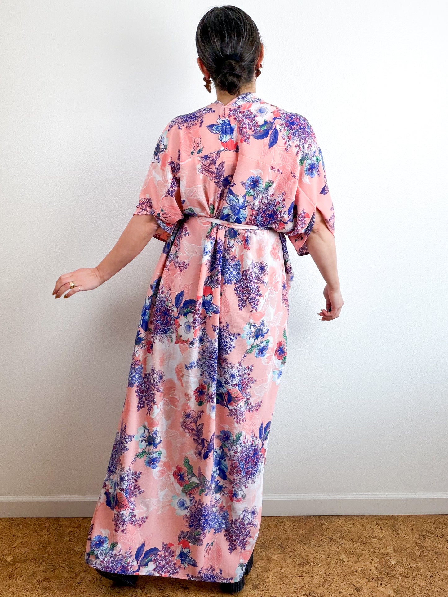 Print High Low Kimono Blush Blue Floral Bubble Crepe