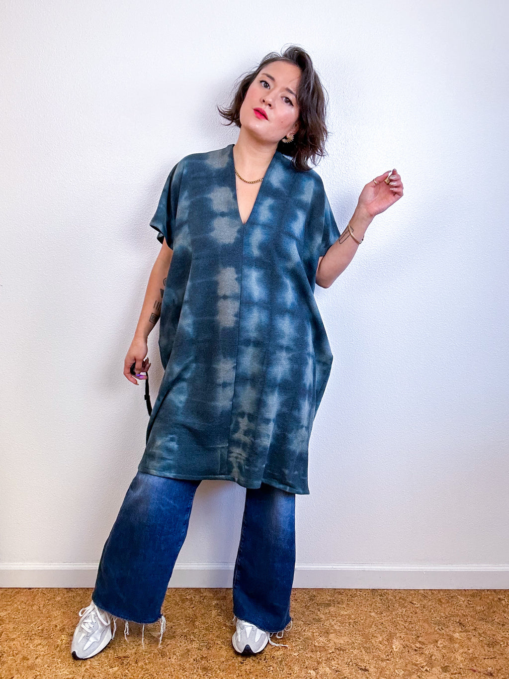 Hand-Dyed Sweatshirt Smock Dress Sage Black Shibori