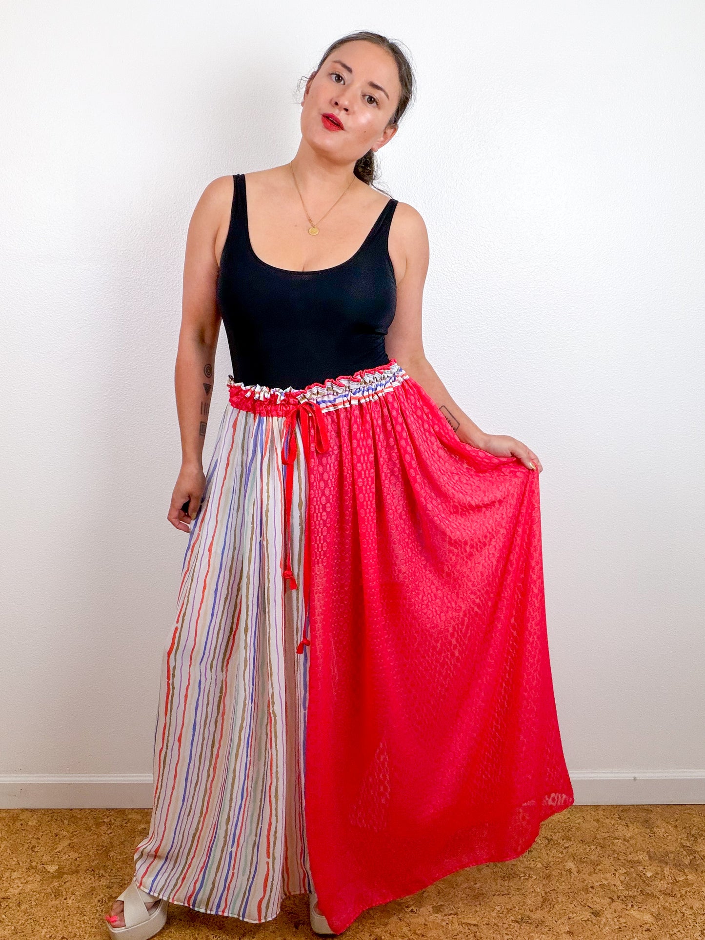 THE SKIRT Scarlet Dots Multi Stripes Reversible Chiffon
