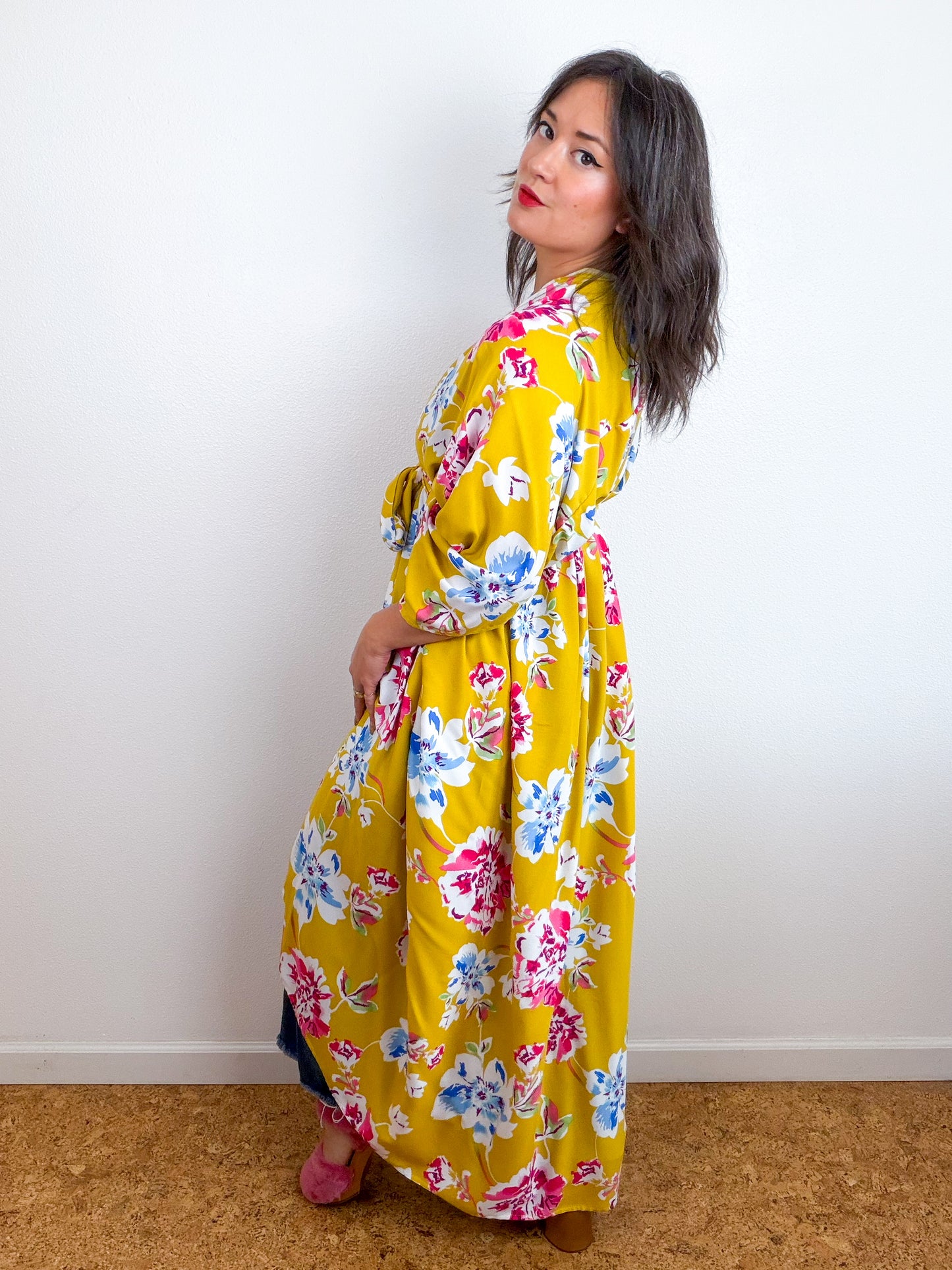 Print High Low Kimono Mustard Floral Challis
