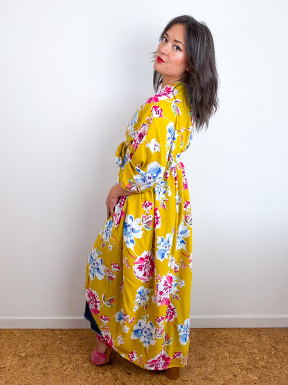 Print High Low Kimono Mustard Floral Challis