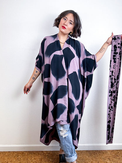 Hand-Dyed High Low Kimono Mauve Black Brush