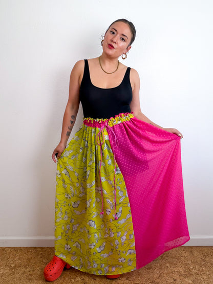 THE SKIRT Yellow Floral Fuchsia Swiss Dot Reversible Chiffon
