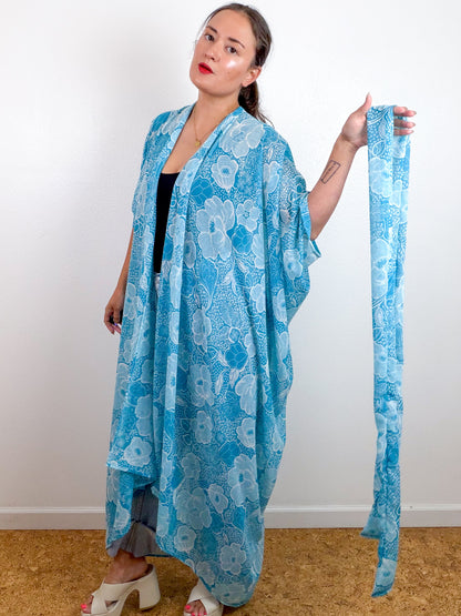 Print High Low Kimono Turquoise Floral Chiffon