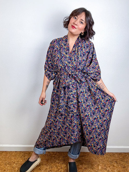 Print High Low Kimono Navy Mini Floral Crepe de Chine