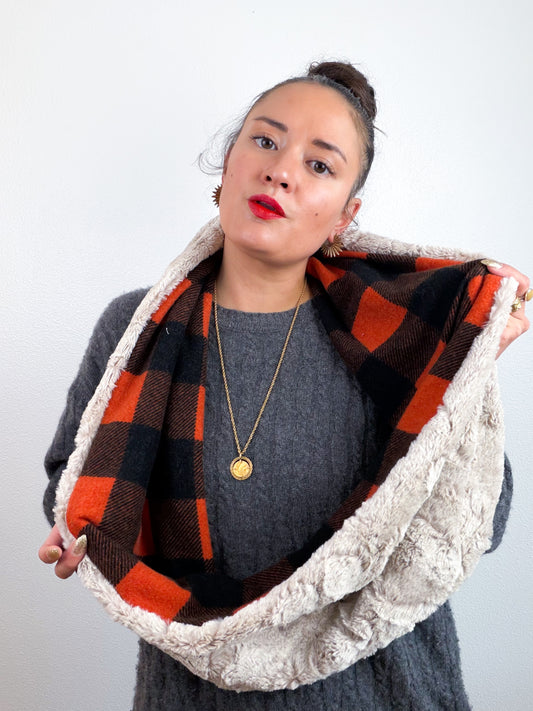Faux Fur Circle Scarf Latte Rust Check
