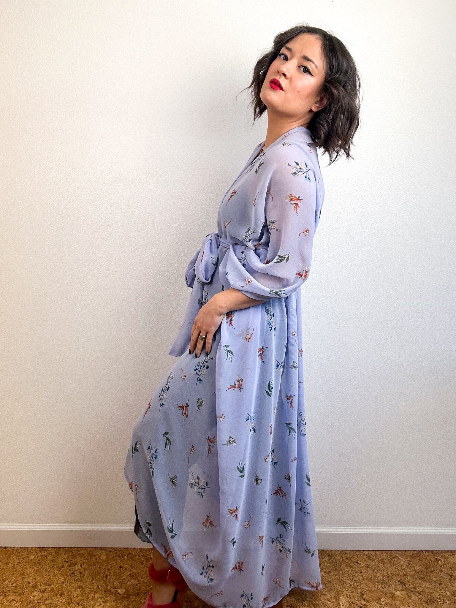 Print High Low Kimono Baby Blue Floral Chiffon