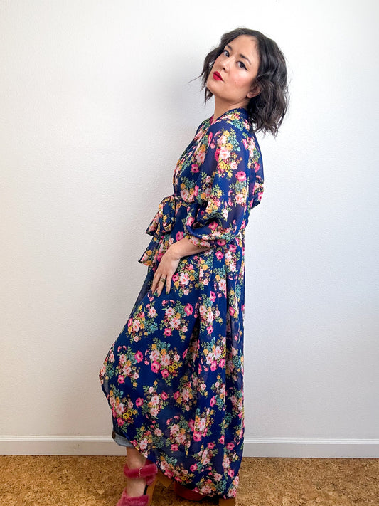Print High Low Kimono Navy Pink Vintage Floral Chiffon
