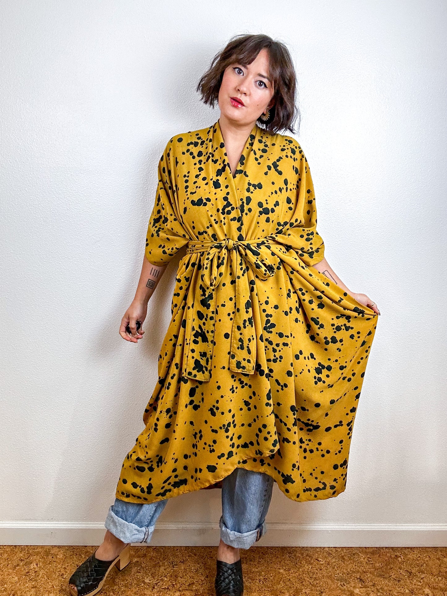 Hand-Dyed High Low Kimono Marigold Black Speckle