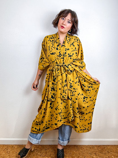 Hand-Dyed High Low Kimono Marigold Black Speckle