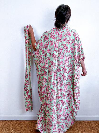 Print High Low Kimono Mint Pink Floral Challis