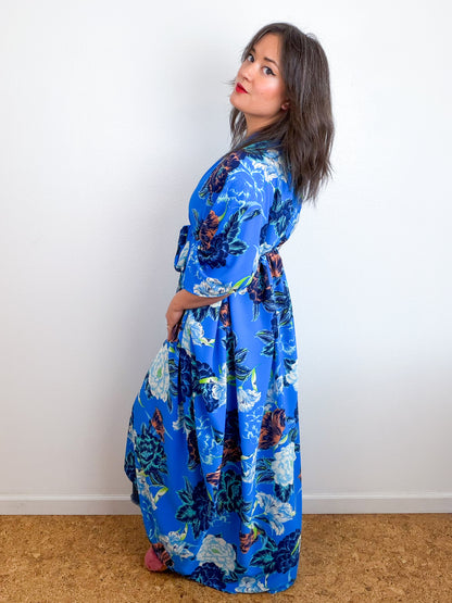 Print High Low Kimono Royal Blue Floral Bubble Crepe