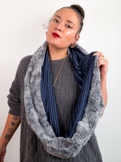 Faux Fur Circle Scarf Grey on Navy Stripes