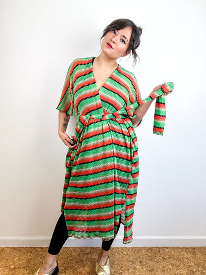 Print Duster Kimono Green Orange Stripe Crochet Knit