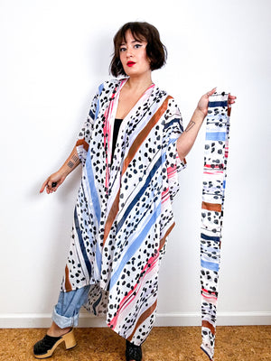 Print High Low Kimono Stripe Dots Chiffon