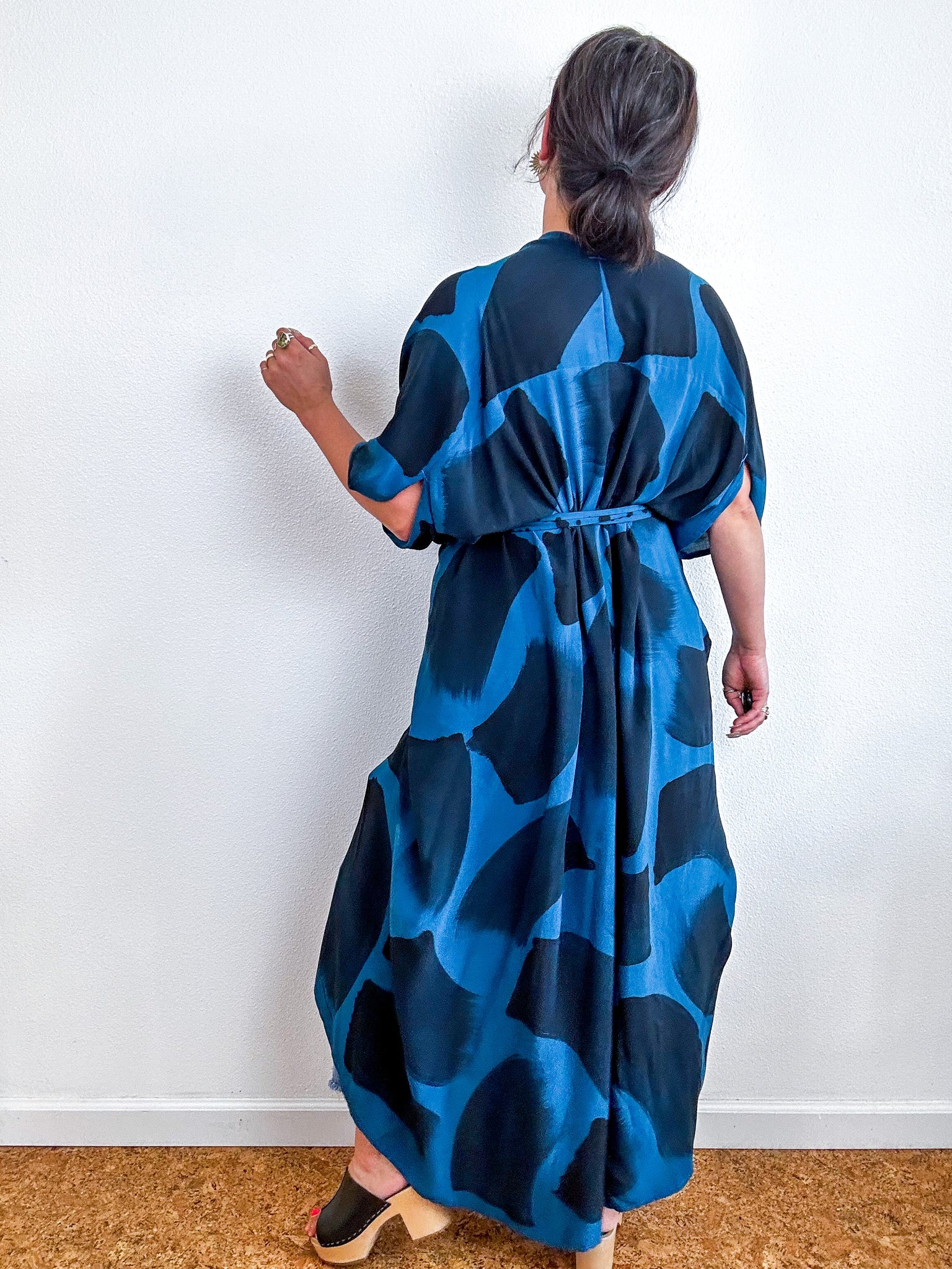 Hand-Dyed High Low Kimono Teal Black Brush