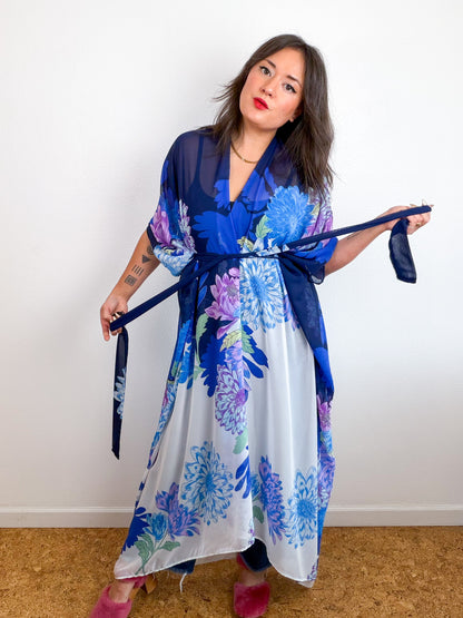 Print High Low Kimono Navy Lavender Dhalia Chiffon