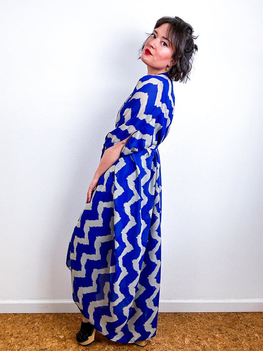 Print High Low Kimono Blue Taupe Chevron Chiffon