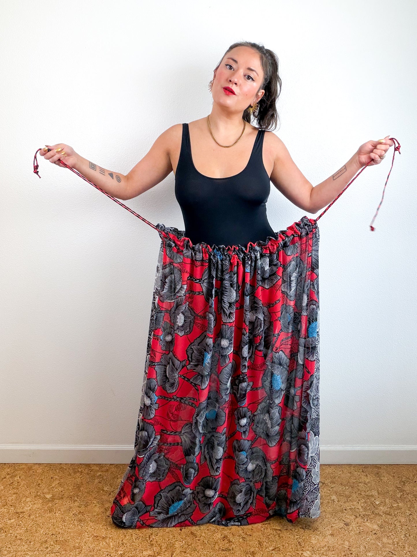THE SKIRT Red Poppy Black Floral Reversible Chiffon