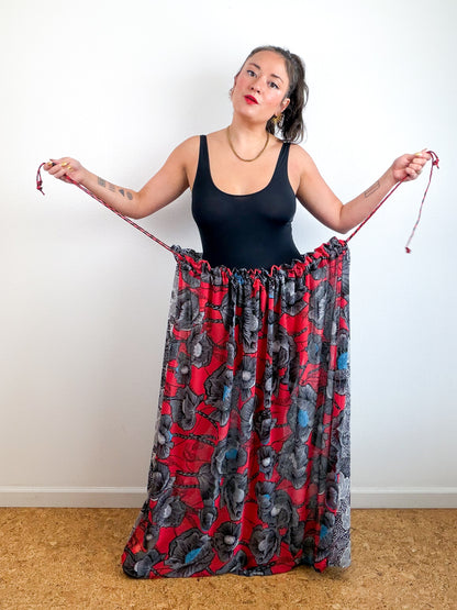 THE SKIRT Red Poppy Black Floral Reversible Chiffon