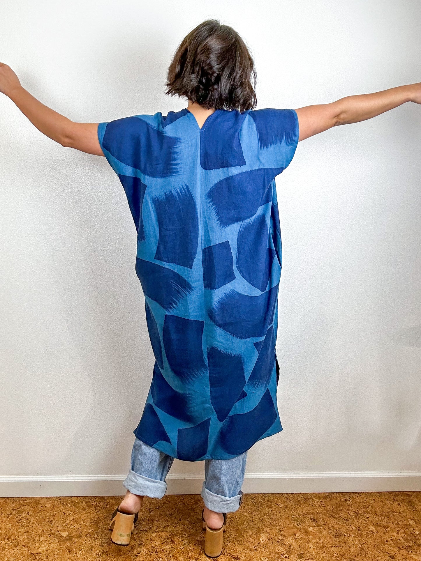 Hand-Dyed Midi Smock Dress Teal Indigo Brush