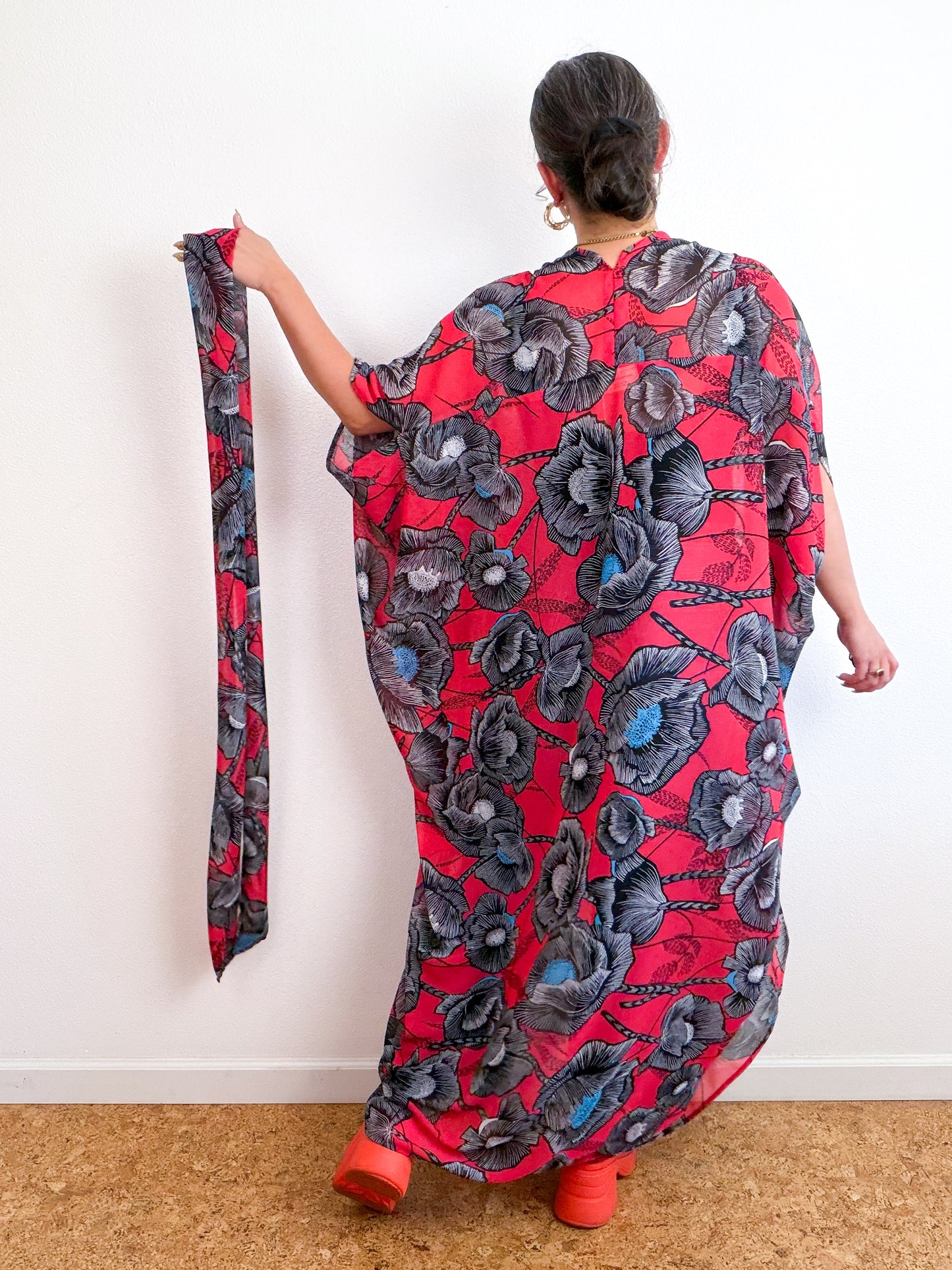 Print High Low Kimono Red Poppy Chiffon