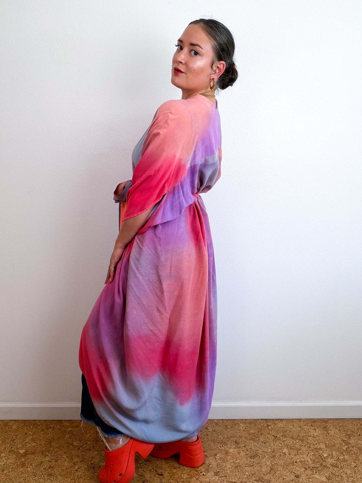 Hand-Dyed High Low Kimono Coral Orchid Scarlet Blue Aura
