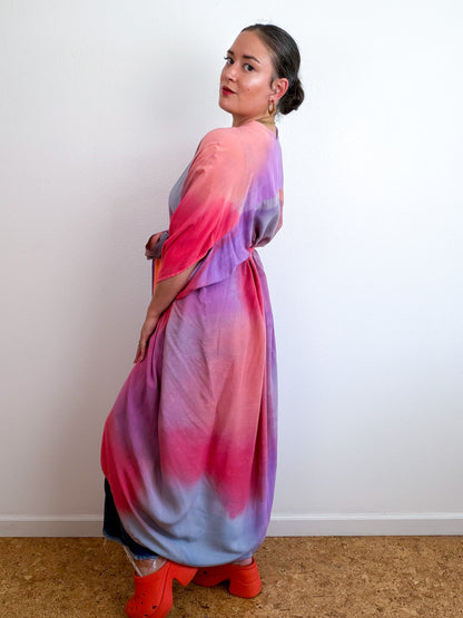 Hand-Dyed High Low Kimono Coral Orchid Scarlet Blue Aura