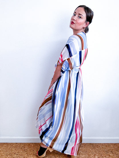 Print High Low Kimono Painterly Lines Chiffon