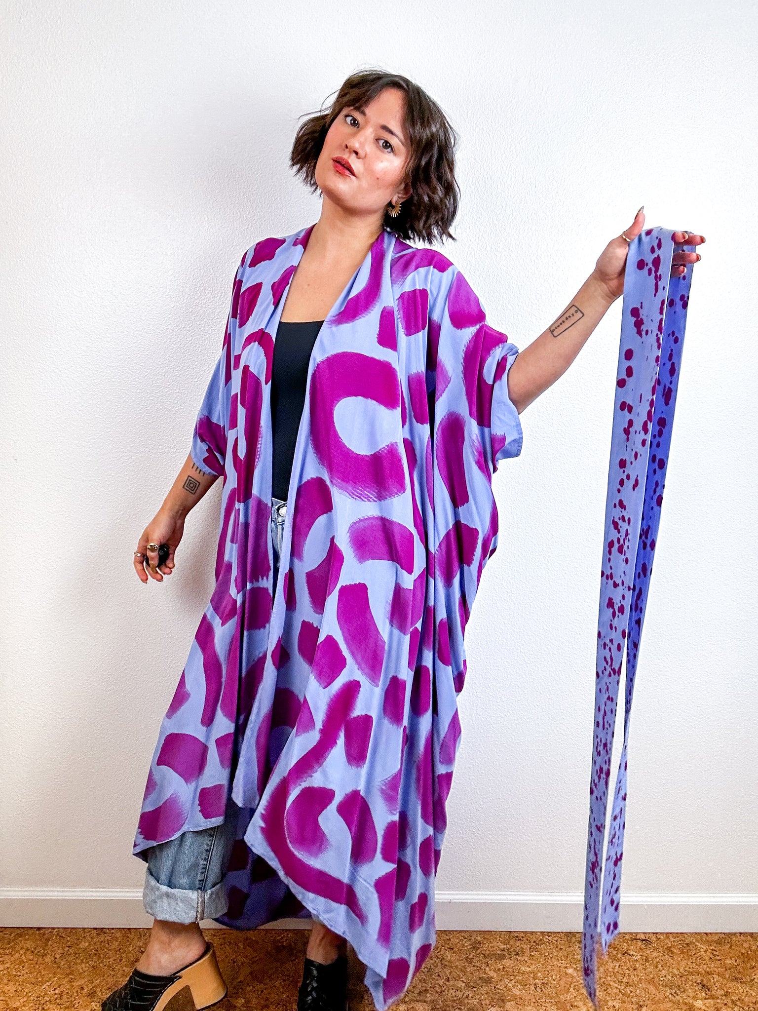 Hand-Dyed High Low Kimono Blue Amethyst Doodle