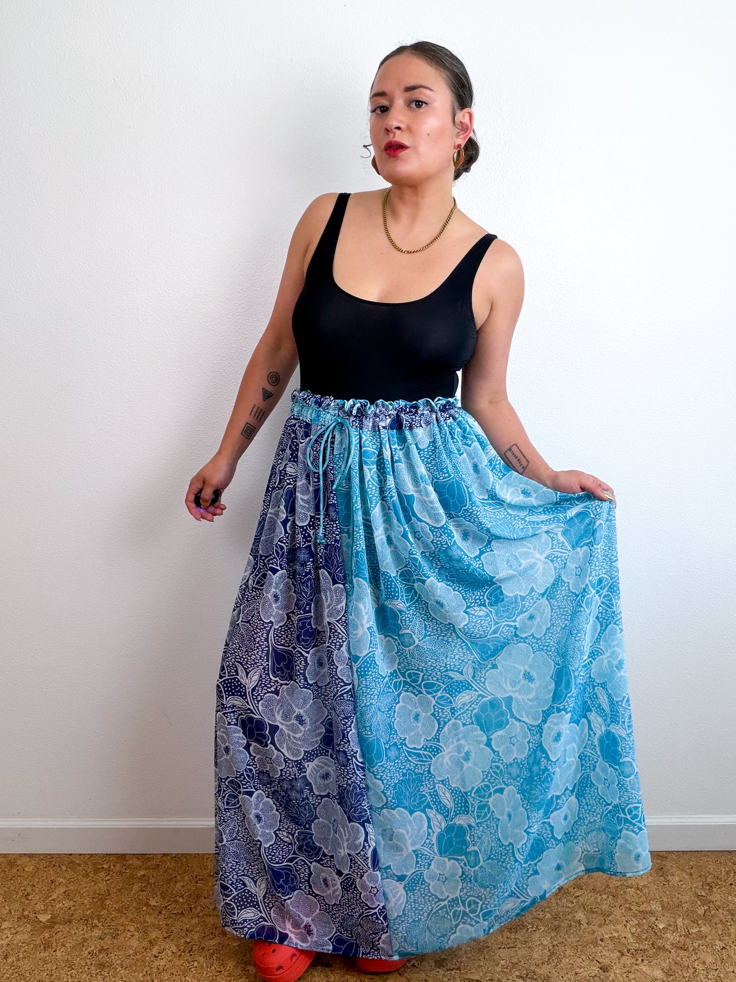 THE SKIRT Navy Aqua Floral Reversible Chiffon
