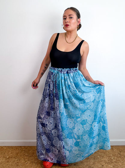 THE SKIRT Navy Aqua Floral Reversible Chiffon