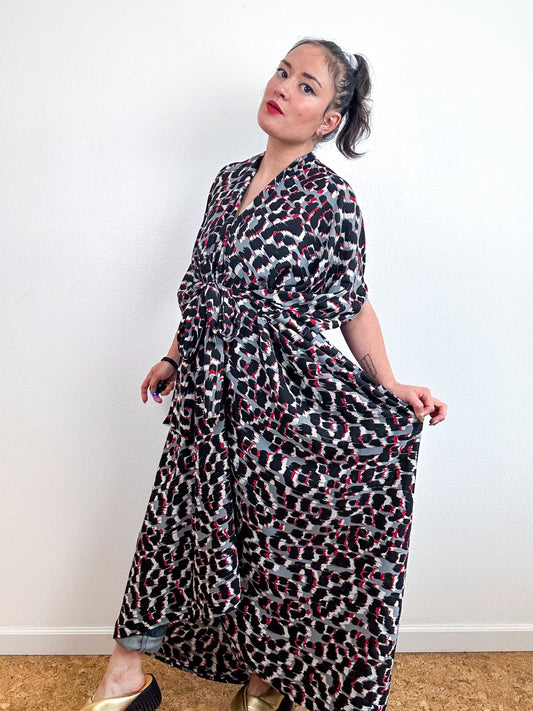 Print High Low Kimono Grey Red Abstract Georgette