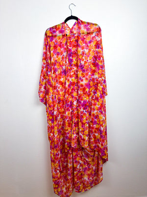 Print High Low Kimono Orange Pink Floral Chiffon