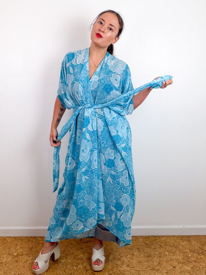 Print High Low Kimono Turquoise Floral Chiffon