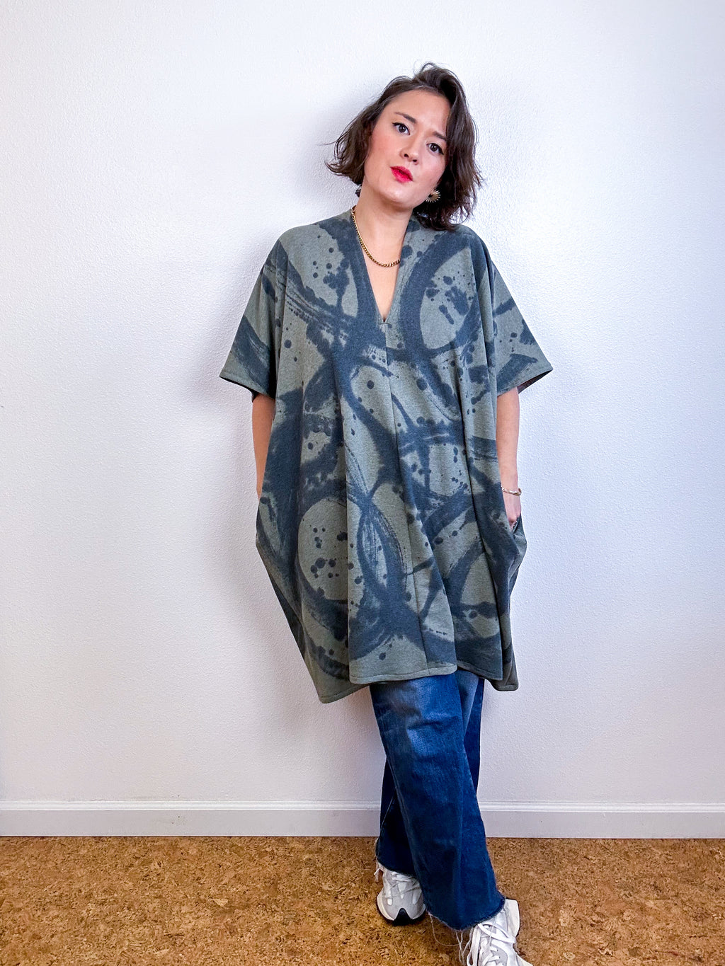 Oversized Hand-Dyed Sweatshirt Smock Dress Olive Sumi