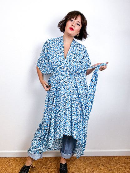 Print High Low Kimono Turquoise Mini Daisy Challis