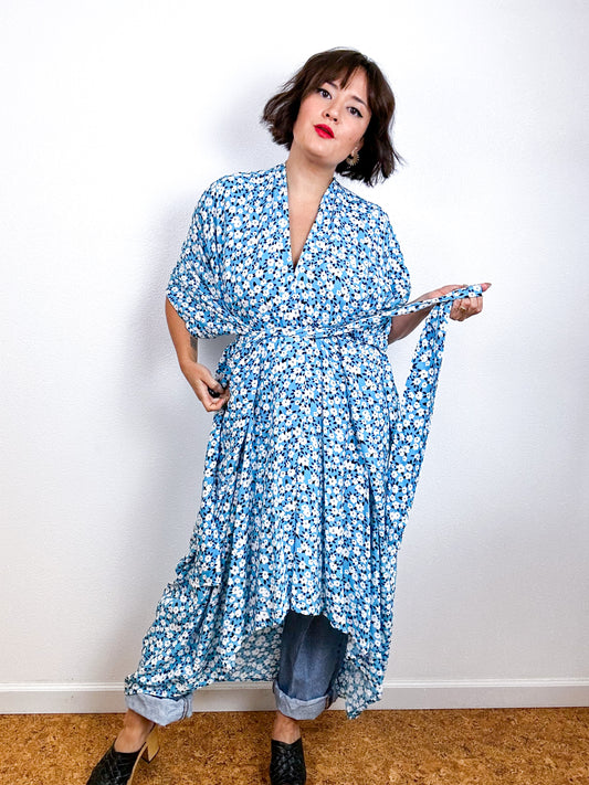 Print High Low Kimono Turquoise Mini Daisy Challis