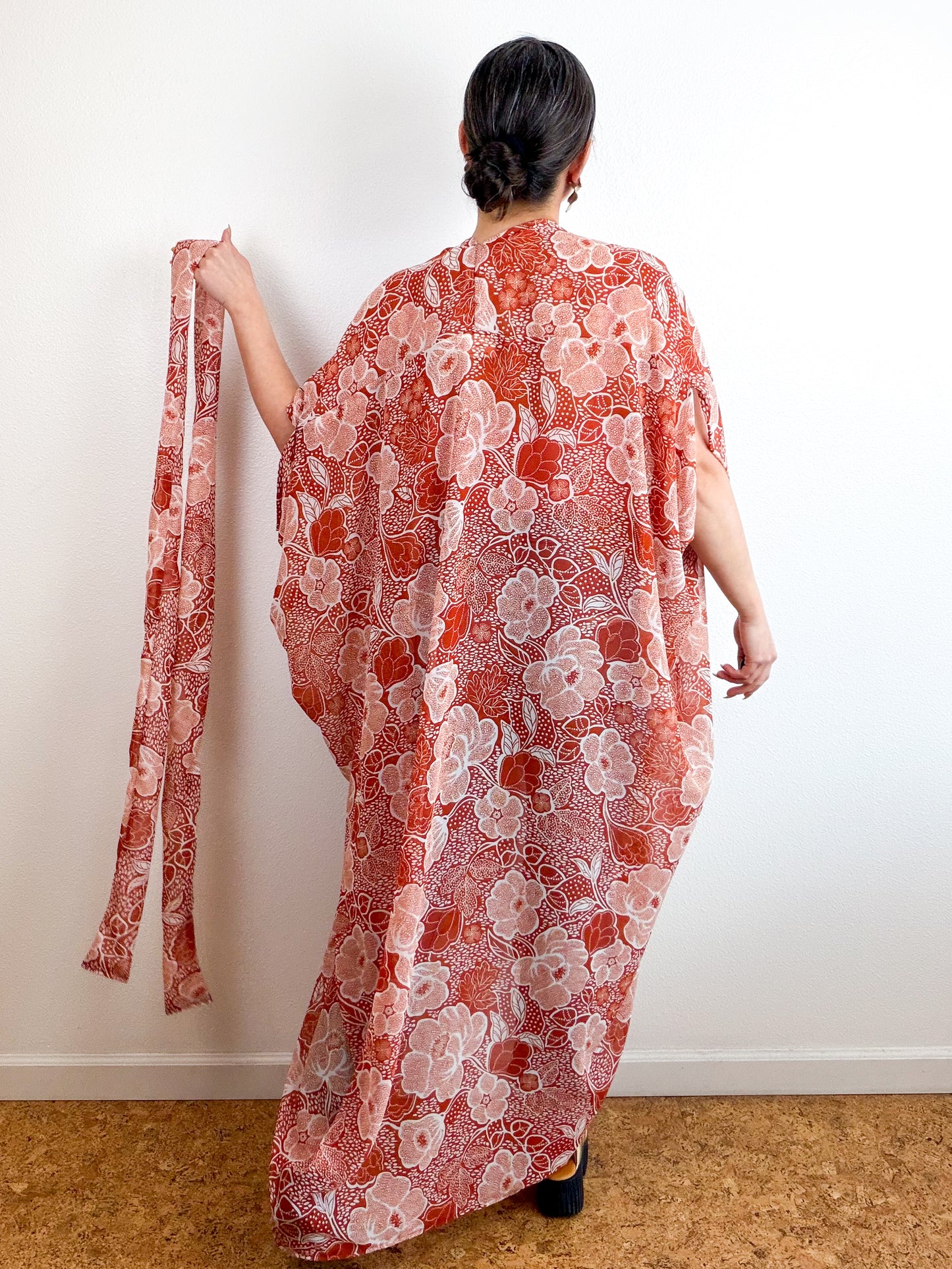 Print High Low Kimono Rust Floral Chiffon