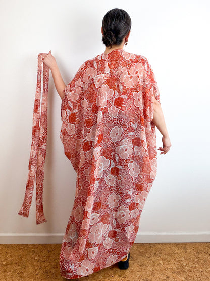 Print High Low Kimono Rust Floral Chiffon
