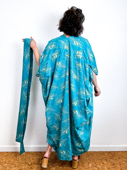 Print High Low Kimono Teal Gold Leaf Challis