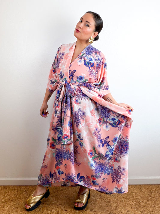 Print High Low Kimono Blush Blue Floral Bubble Crepe