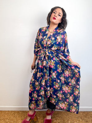 Print High Low Kimono Navy Pink Vintage Floral Chiffon