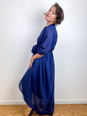 Solid High Low Kimono Navy Blue Gingham Chiffon