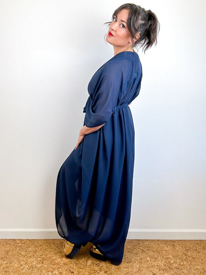 Print High Low Kimono Navy Mini Grid Chiffon