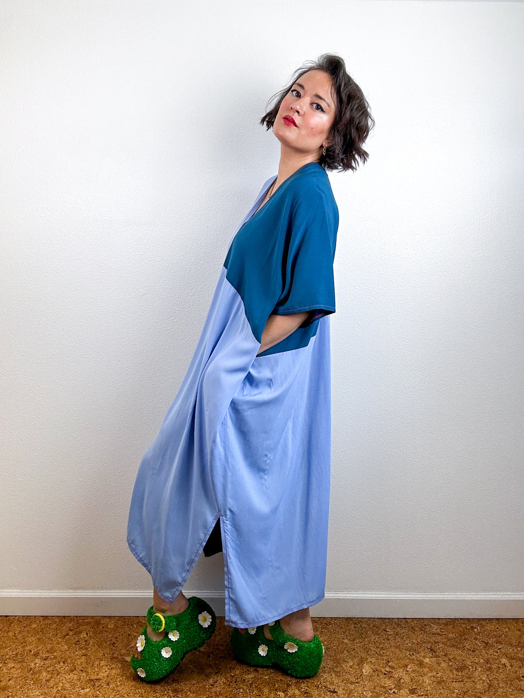 Color Block Midi Caftan Dress Teal Blue