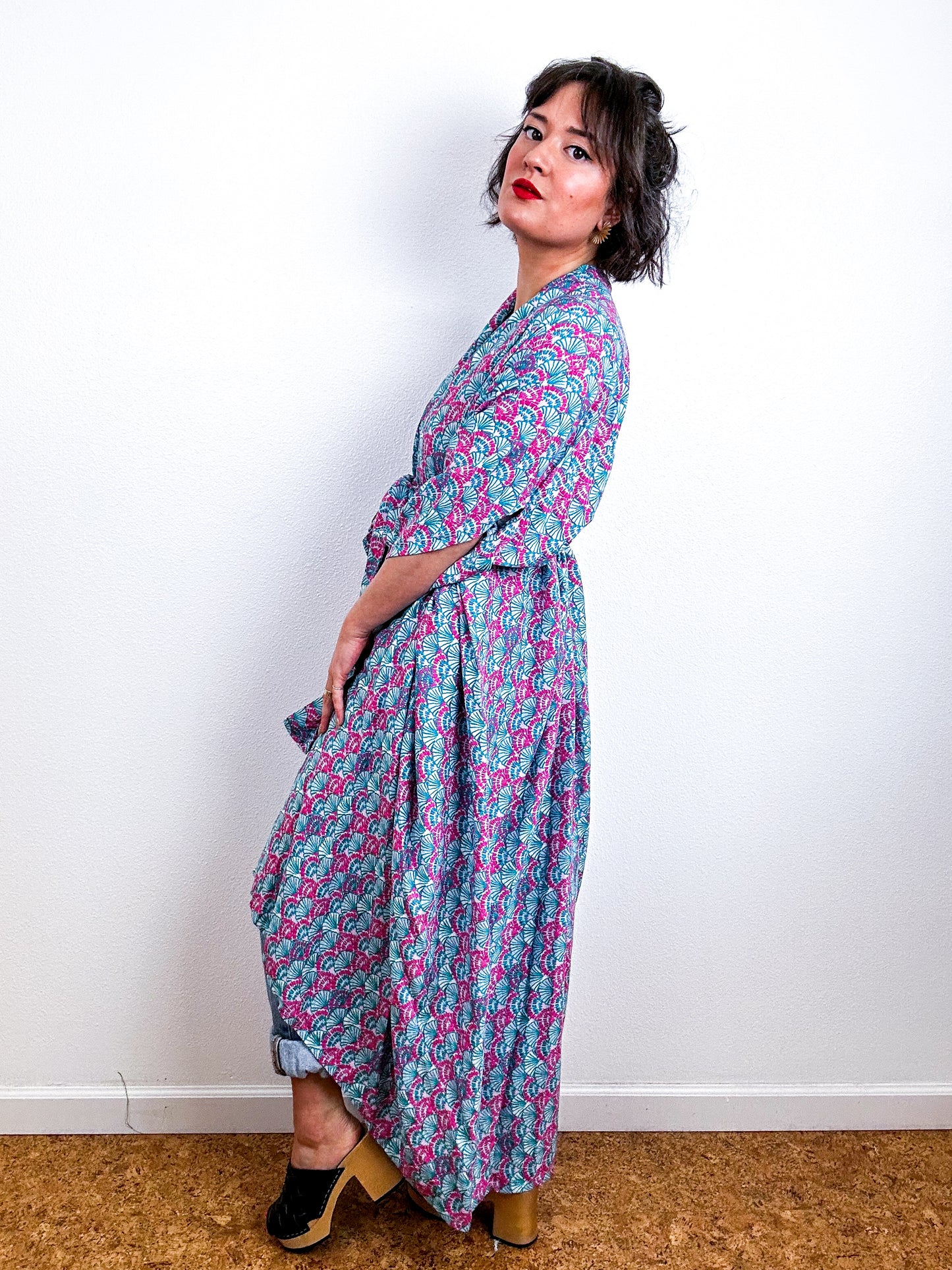 Print High Low Kimono Pink Turquoise Challis