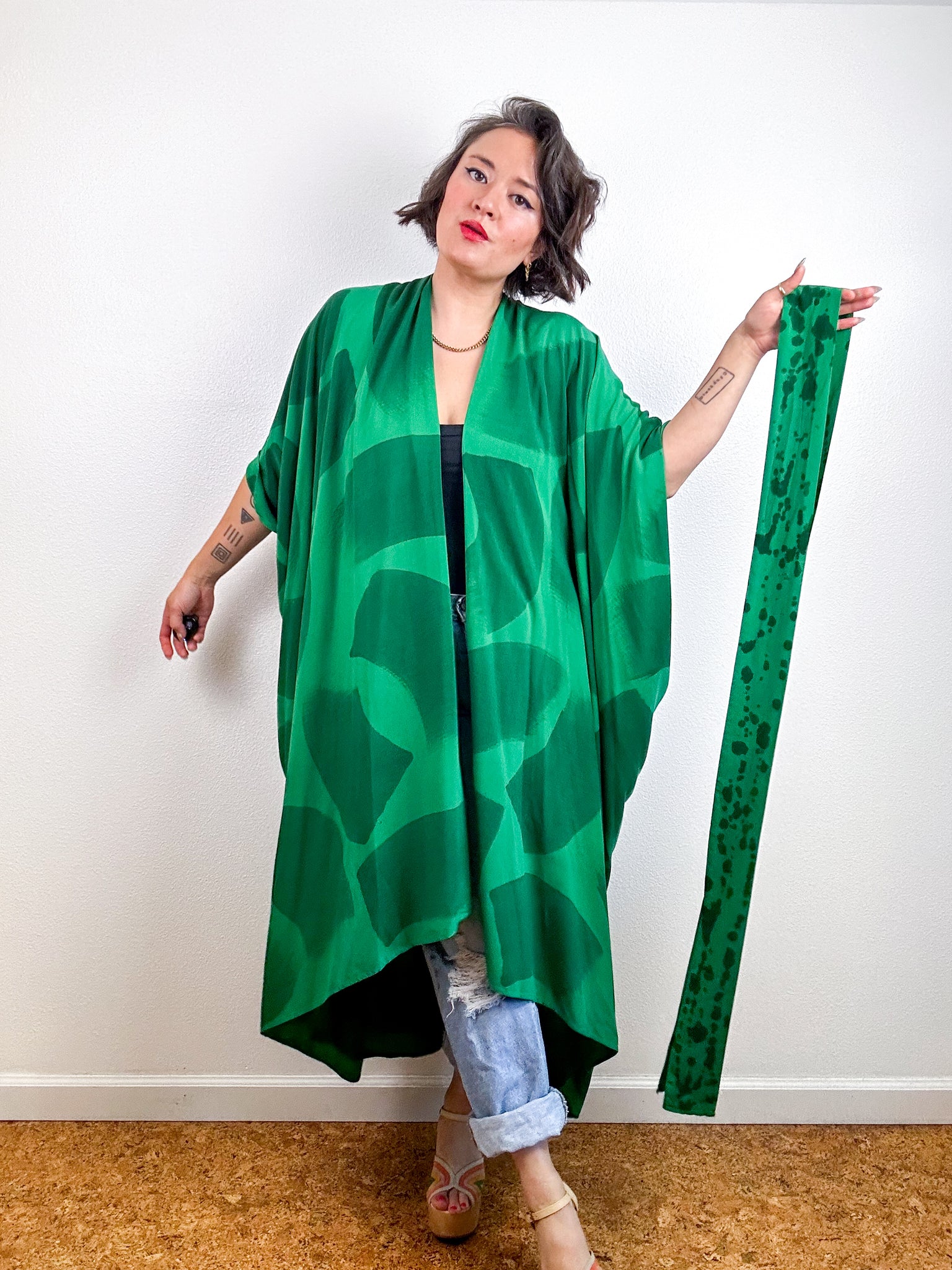 Hand-Dyed High Low Kimono Kelly Green Brush